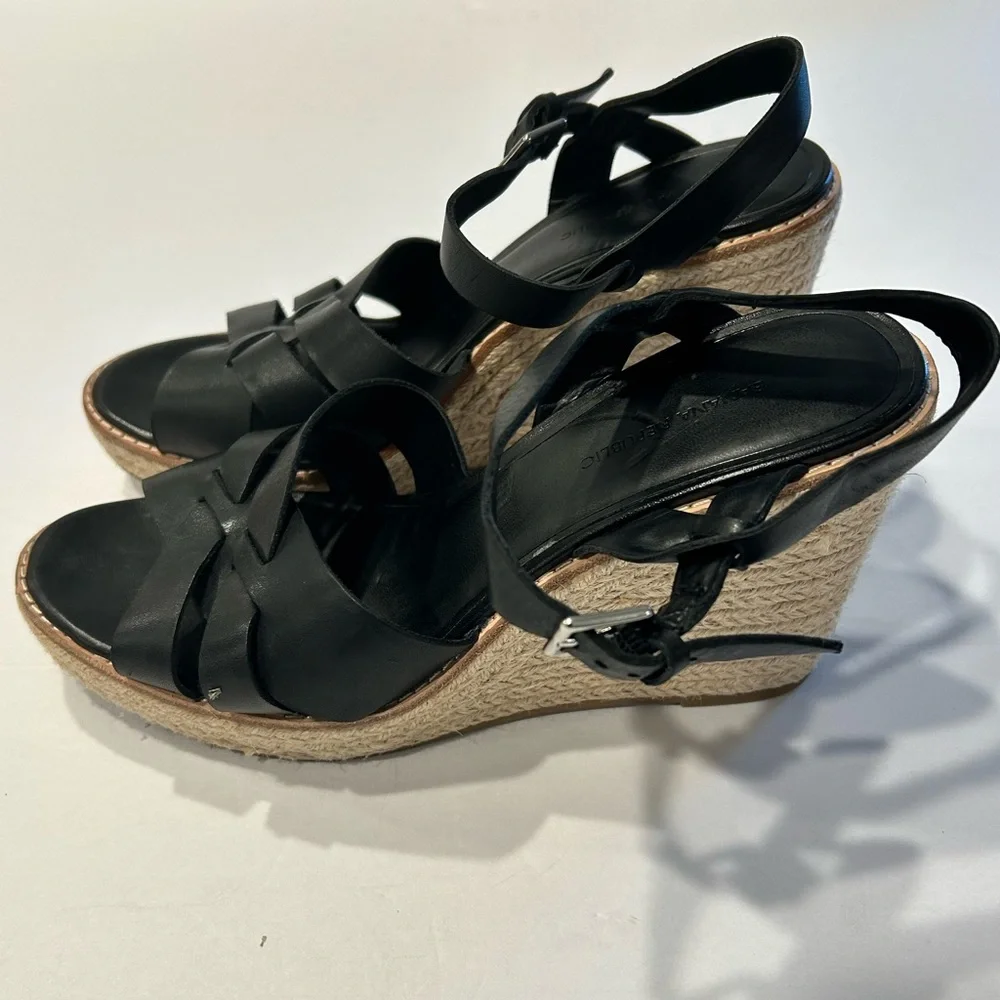 Black Leather Espadrille Wedge Sandals Adjustable Ankle Strap Sz‎ 9.5 Preowned